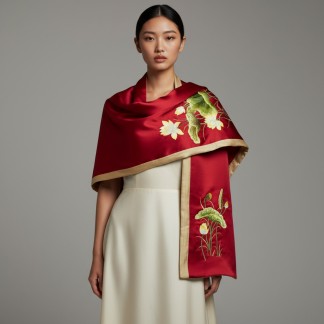 Khăn lụa 2 mặt đỏ thêu hoa sen 2 đầu 40*200 cm